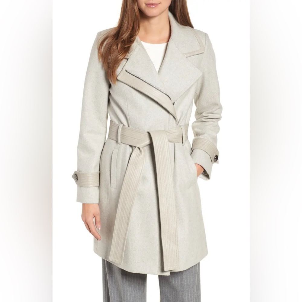 Badgley Mischka Faux Leather Trim Wool Blend Coat
